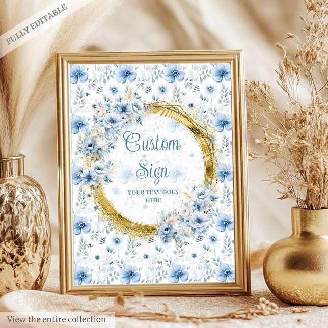 Poster Flores azuis-pastel clássicas - sinal personalizad (Classic pastel blue flowers gold baby custom sign)
