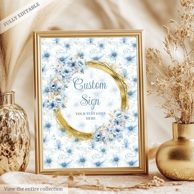 Poster Flores azuis-pastel-doce, dourado, sinal personali (Sweet pastel blue flowers gold boho custom sign)