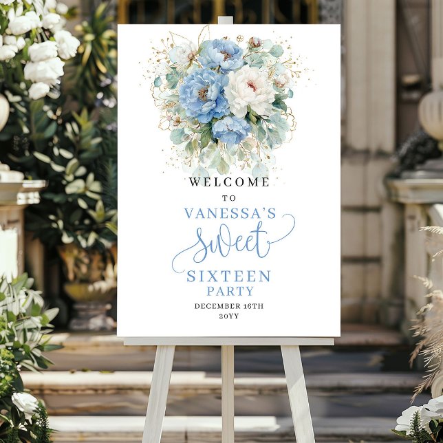 Poster Flores Azuis Pastel Dourado Bem-Vindo ao Sweet Six (Pastel Blue Flowers Gold Sweet Sixteen Welcome)