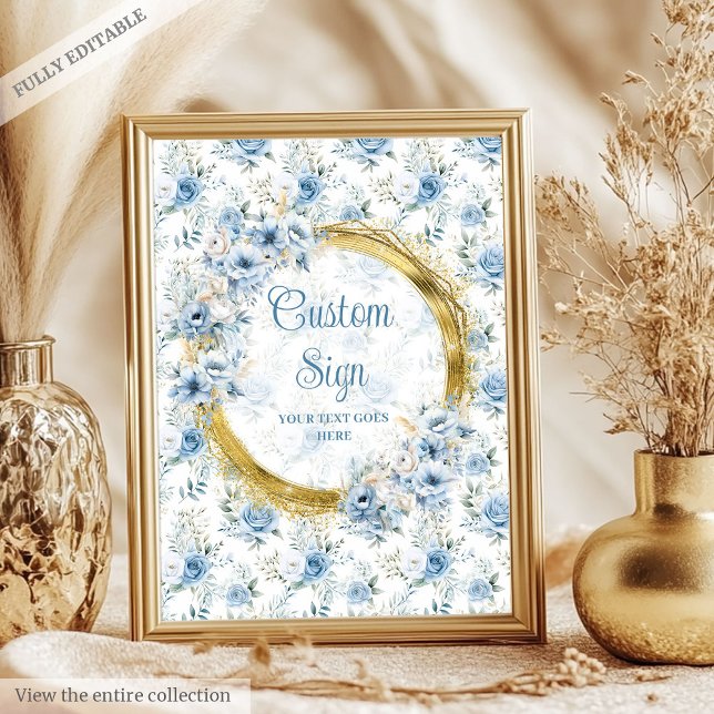 Poster Flores azuis-pastosas adoráveis sinal de ouro boho (Adorable pastel blue flowers gold boho custom sign)