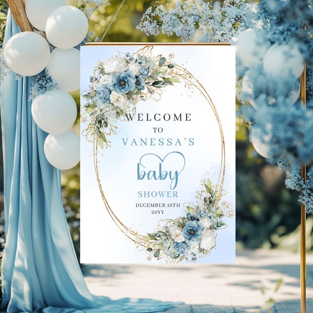 Poster Flores Azul Claro Aquarela Dourado Sinal de Chuvad (Watercolor Light Blue Flowers Gold Baby Shower Sign

)