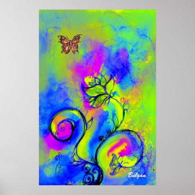 Poster FLORES & BORBOLETAS CAPRICHOSAS azul verde amarelo (Frente)