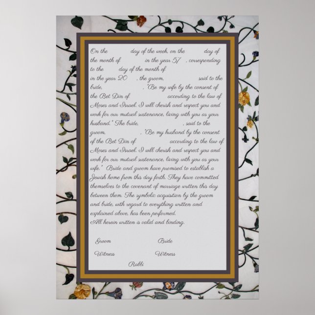 Poster Flores bordadas Ketubah - Texto canadense reformad (Frente)