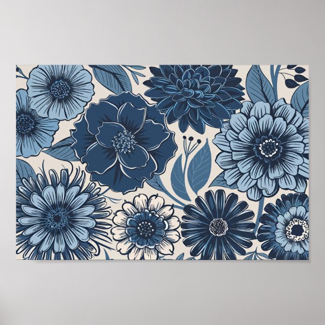 Poster Flores Botânicas Azuis: Arte Floral Elegante (Frente)