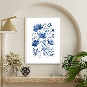 Poster Flores Botânicas Florais em Aquarela Azul Francês