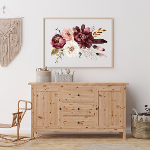 Poster Flores Botânicas Florais Rosa Roxo Branco Boho