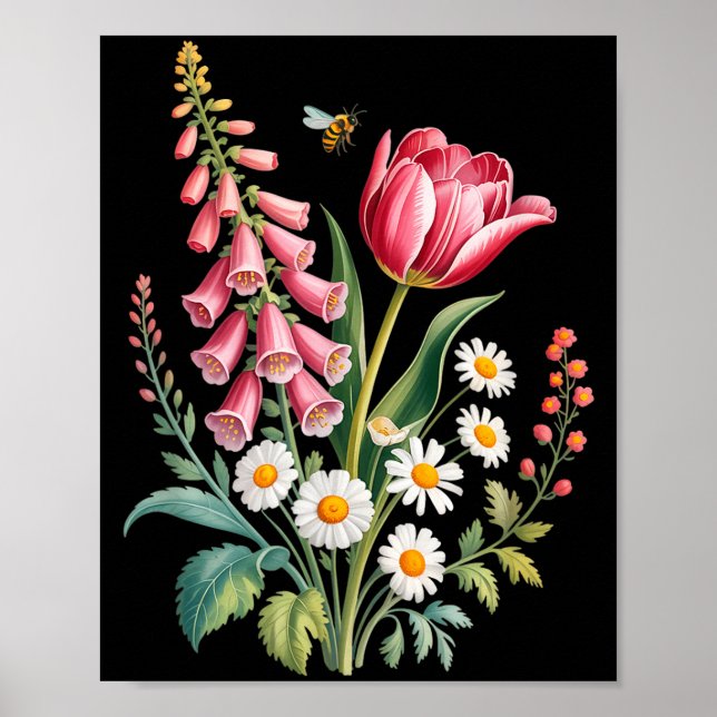 Poster Flores Botânicas Margaridas Tulipa Dedaleira Borbo (Frente)