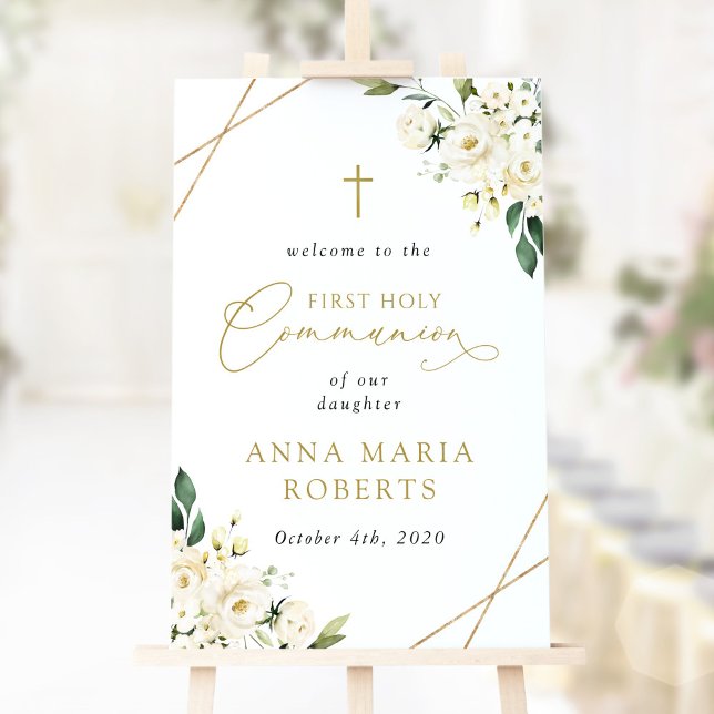 Poster Flores Brancas Creme, Bem-vindo à Primeira Comunhã (Criador carregado)