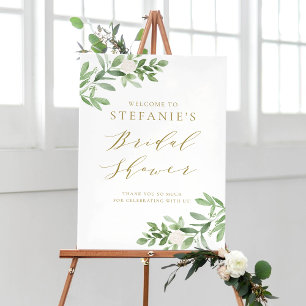 Poster Flores Brancas de Folhagem Dourado Chá de Noiva Be