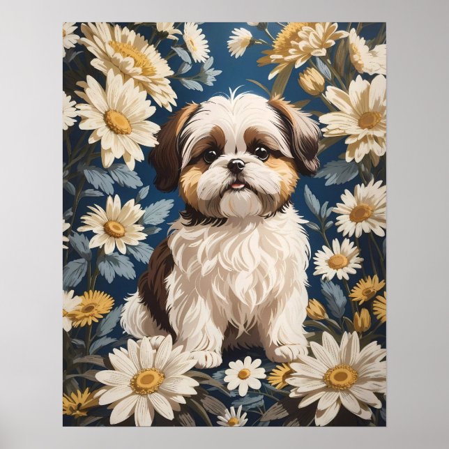 Poster Flores Brancas de Margarida Cachorros Shih Tzu (Frente)