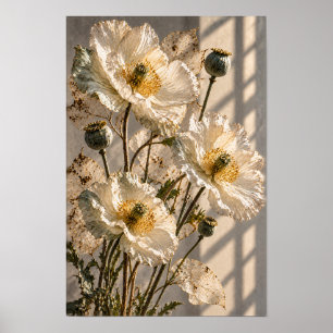 Poster Flores Brancas de Papoula e Vagens Botânicas na Pa