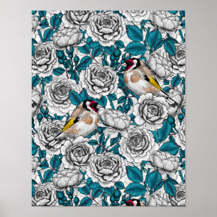 Poster Flores brancas de rosas e pássaros dourados
