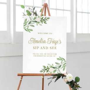 Poster Flores Brancas e Folhagens Sip and See Bem-vindo