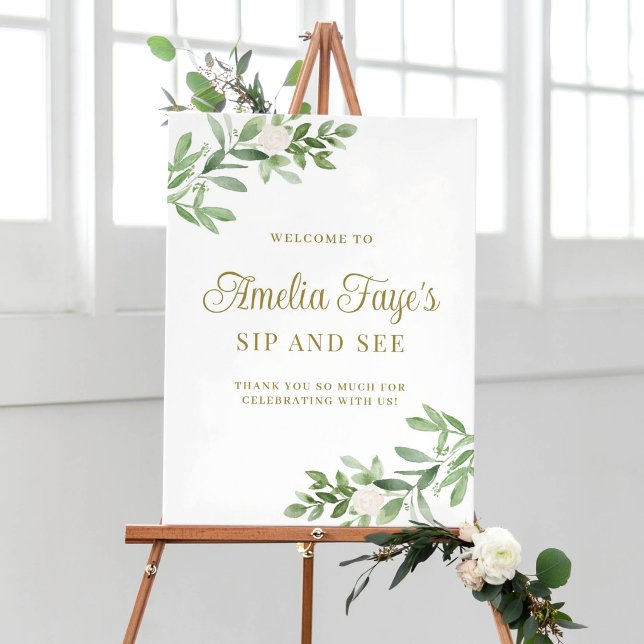 Poster Flores Brancas e Folhagens Sip and See Bem-vindo (Botanical Sip and See welcome sign featuring watercolor greenery and white flowers. )