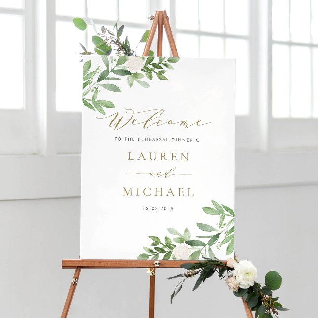 Poster Flores Brancas e Janto de ensaio Greenerescente (Watercolor White Flowers and Greenery Rehearsal Dinner Welcome Sign)