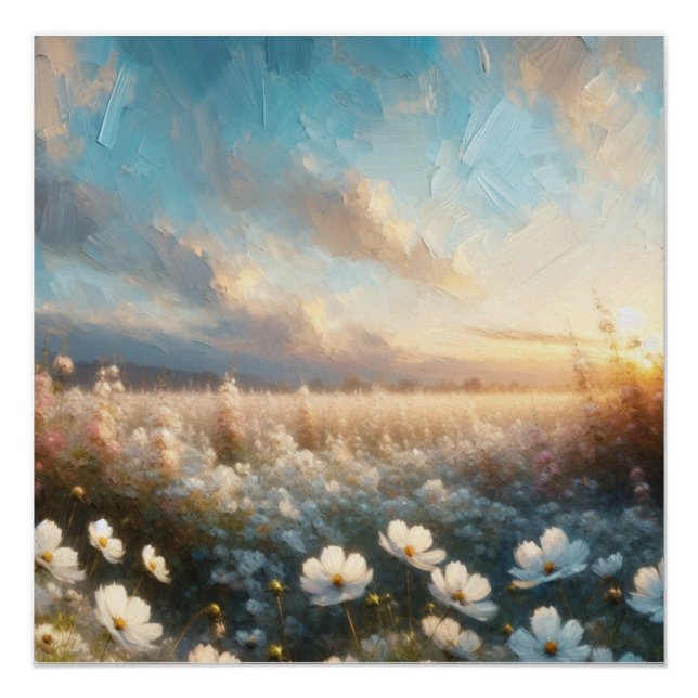 Pôster Flores brancas sob um céu bonito (Frente)