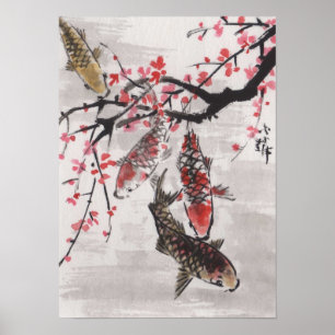 Poster Flores chinesas da ameixa da aguarela KOI da arte