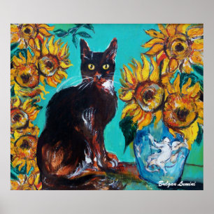 POSTER FLORES COM GATO PRETO EM TURQUOISMO AZUL