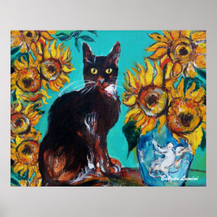 POSTER FLORES COM GATO PRETO EM TURQUOISMO AZUL