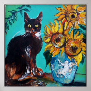 POSTER FLORES COM GATO PRETO EM TURQUOISMO AZUL