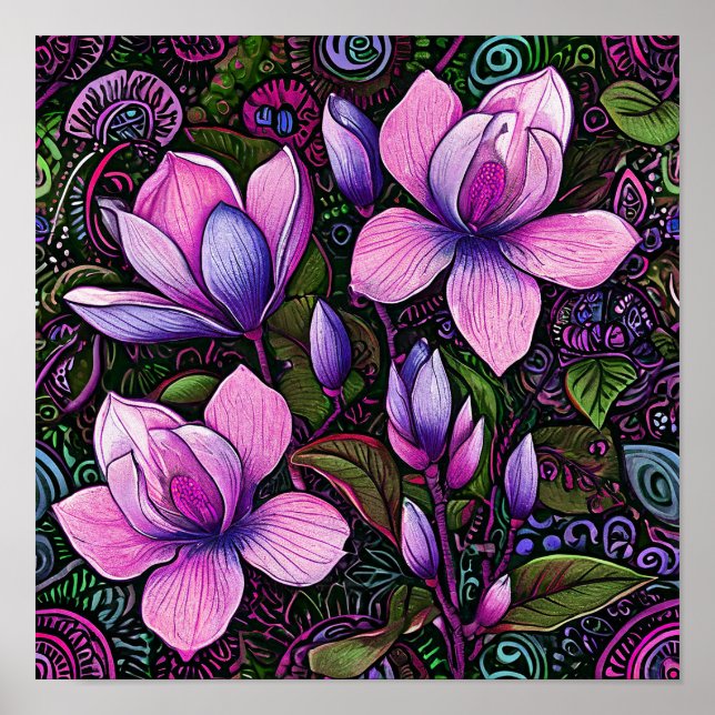 Poster 🌸 Flores Cor-de-Rosa Arte Floral Elegante Vintage (Frente)
