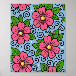 Poster Flores Cor-de-Rosa com Folhas Verdes e Detalhes Cu