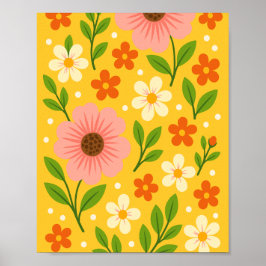 Poster Flores Cor-de-Rosa, Creme e Laranja com Folhas Ver