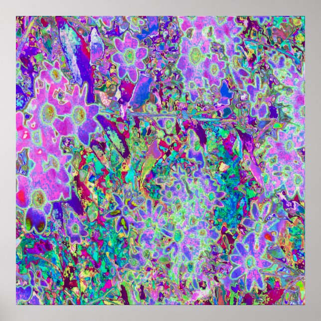 Poster Flores Cor-de-Rosa e Roxas Abstratas Psicodélicas (Frente)