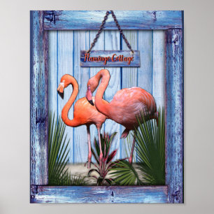 Poster Flores cor-de-rosa na textura de madeira azul