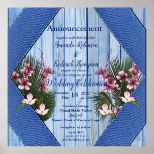 Poster Flores cor-de-rosa na textura de madeira azul