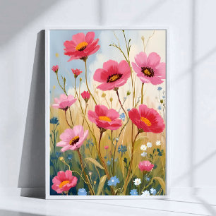 Poster Flores Coradas Prado Floral de Flores Cor-de-Ros