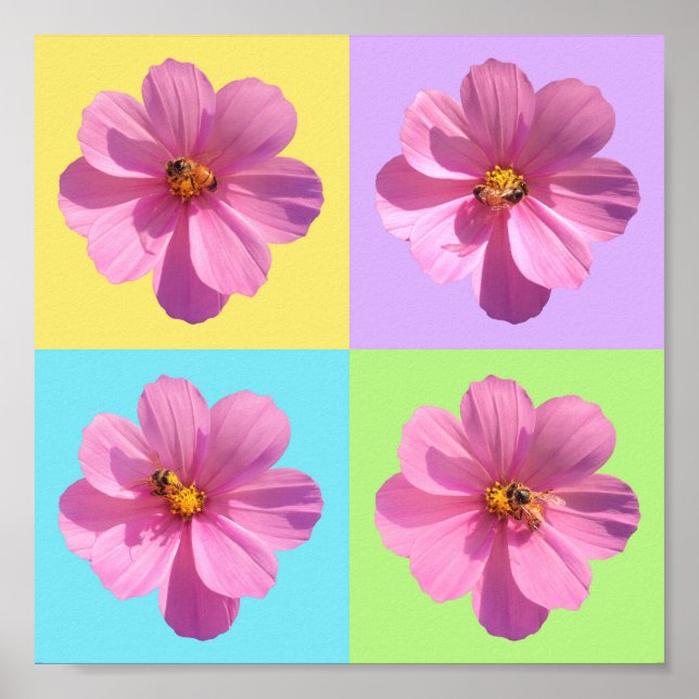 Poster Flores Cosmos de Quatro Painéis com Abelhas de Mel (Frente)