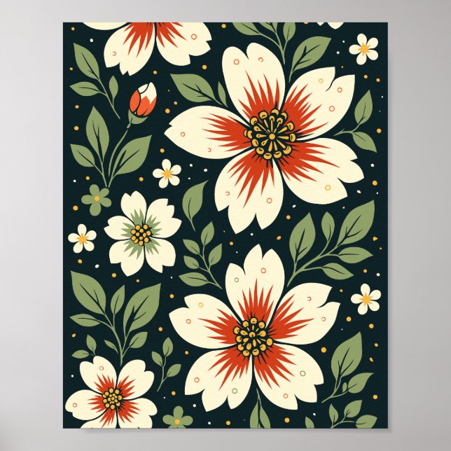Poster Flores Creme com Centros Vermelhos e Folhas Verdes (Frente)