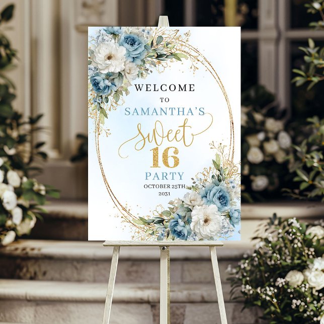 Poster Flores de aguarela azul pastel brilho dourado doce (Pastel blue watercolor florals gold glitter sweet sixteen

)