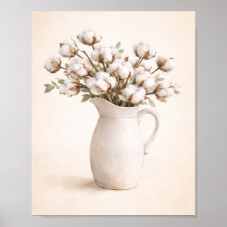 Poster Flores de Algodão em Jarro Branco Neutro Farmhouse
