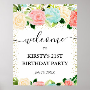 Poster Flores de Aniversário Bem-vindas em Aquarela Rosa