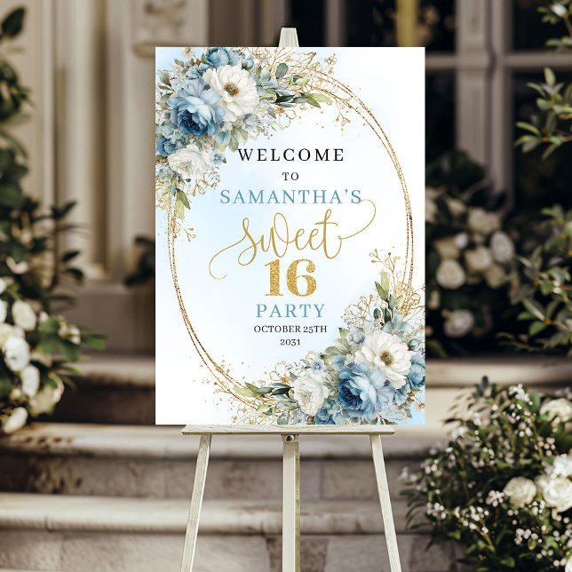Poster Flores de aquarela azul empoeirado com brilho dour (Dusty blue watercolor florals gold glitter sweet sixteen

)