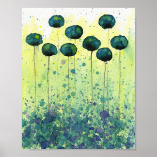 Poster Flores de Aquarela Azul-Petróleo e Amarelo, Parede