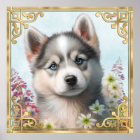 Flores de Aquarela e Cachorrinho Husky Siberiano