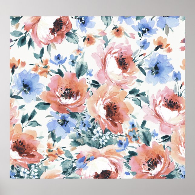 Poster Flores de aquarela, ilustração uniforme de padrões (Frente)