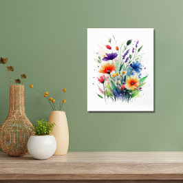 Poster Flores de Aquarela Laranja Roxo Vermelho Azul
