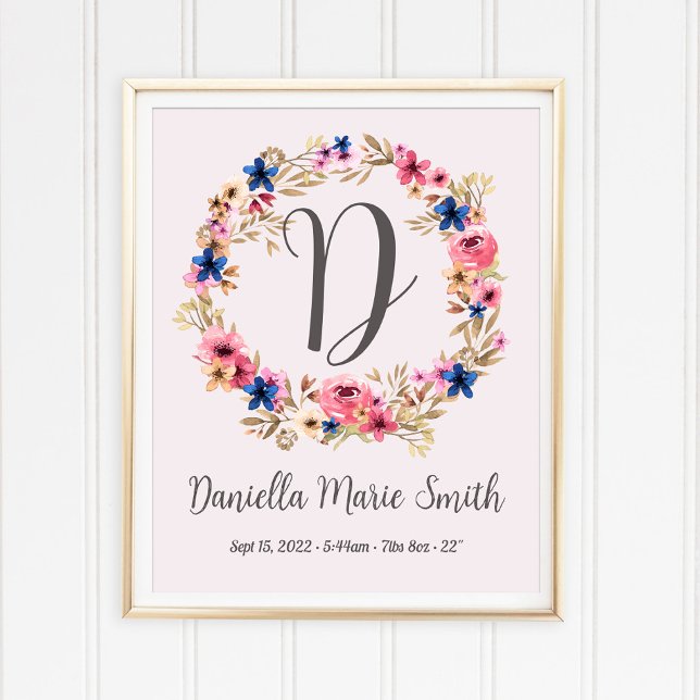 Poster Flores de Aquarela Pink Baby Girl Name Stats (Criador carregado)