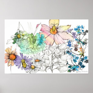 Poster Flores de Aquarela Polinizadoras Abelhas Desenhada