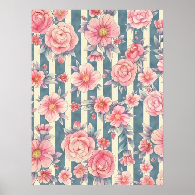 Poster Flores de Aquarela Rosa em Stripes (Frente)