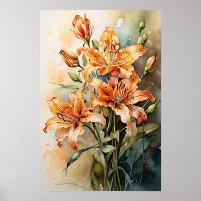 Poster Flores de Aquarela Tiger Lily - Arte Floral (Frente)