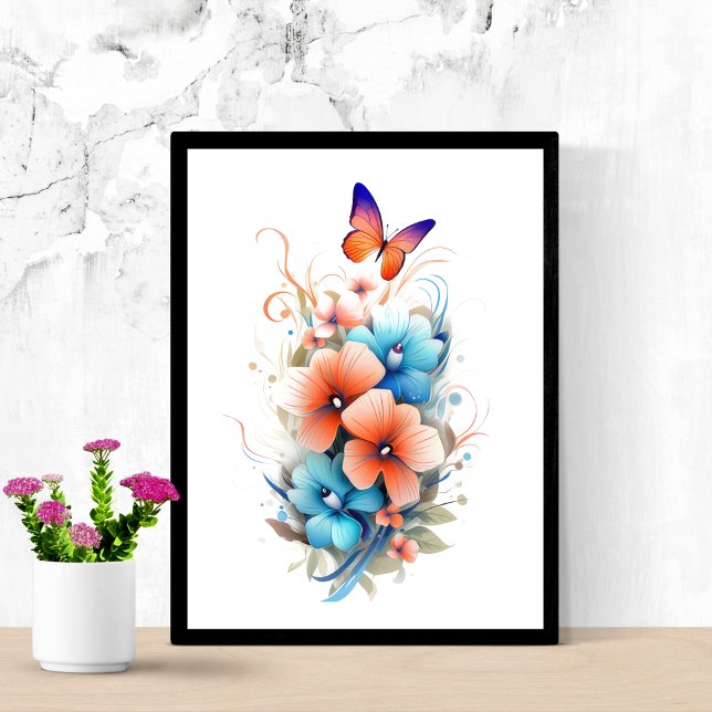 Poster Flores De Aquarelas Borboletas Azul Laranja (Blue orange floral butterfly watercolor poster print. Printed or Instant digital download)