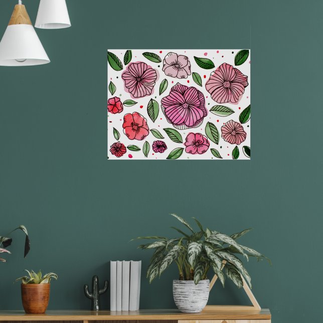 Poster Flores de aquarelas e de tinta - rosa e verde (Sala de Estar 1)