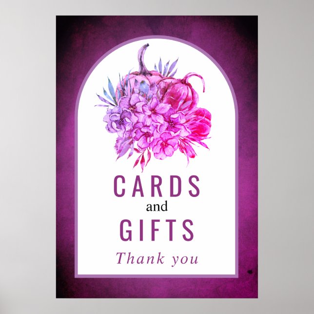 Poster Flores de aquarelas roxas cartões de abóboras e pr (Frente)