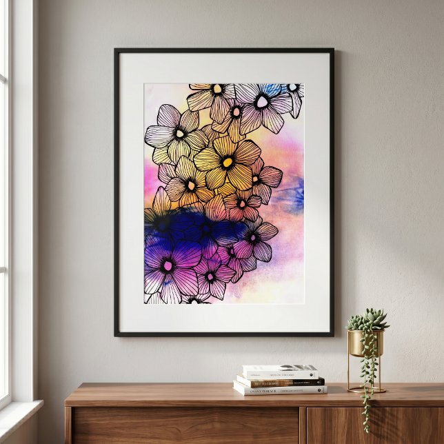 Poster Flores de Arte de Linha Preta em Aquarela Pastel V (Criador carregado)