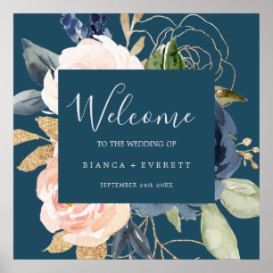 Poster Flores de Blush e Marinho Casamento de Boas-vind
